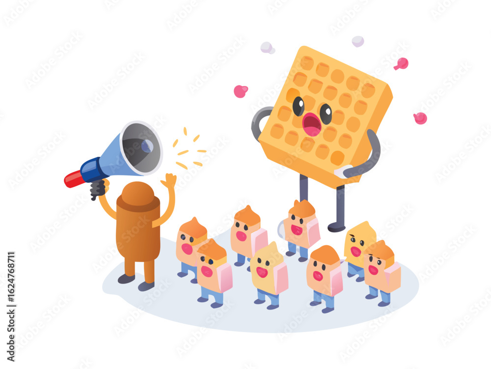 Fototapeta premium Vector art of cartoon character with megaphone addressing a crowd of happy people and a cheerful waffle character isolated on white background.