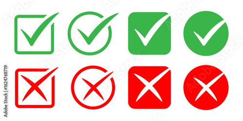 Cross and check mark icon set, Validation and refusal icon or right wrong buttons or yes or no checkmark