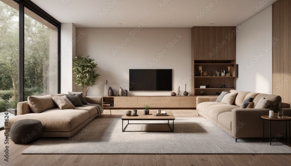Fototapeta premium A minimalist modern living room with clean lines, neutral colors, large windows, and subtle decorative elements, emphasizing spaciousness and tranquility. (Focus: Minimalist, Clean Lines, Tranquility)