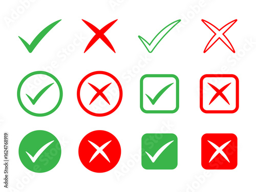 Cross and check mark icon set, Validation and refusal icon or right wrong buttons or yes or no checkmark