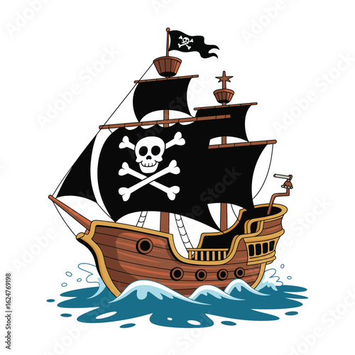 Pirate ship with jolly roger flag sailing through waves