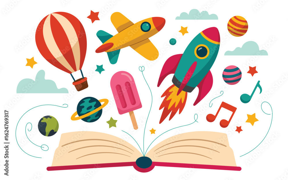 Naklejka premium Imagination takes flight from an open book