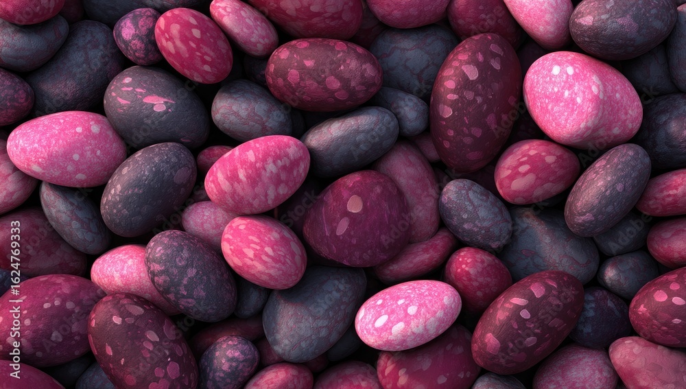 Close-up view of many colorful, smooth, oval stones. Various shades of pink, dark mauve, and gray. Abstract, textured pattern Close-up view of many colorful, smooth, oval stones. Various shades of pink, dark mauve, and gray. Abstract, textured pattern