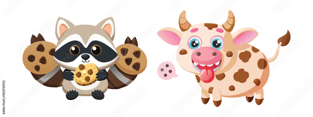 Obraz premium Vector art of cute cartoon raccoon holding a cookie and a happy cartoon cow with cookies isolated on white background.