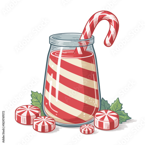 Festive peppermint drink with candy canes and candies