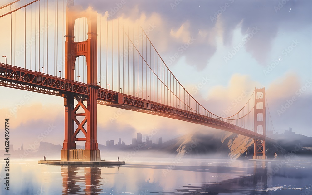 Obraz premium Golden Gate Bridge partially hidden by ethereal fog with a distant city skyline and calm water San Francisco
