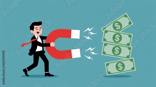 Monetary Attraction: A professional, empowered by financial acumen, leverages a magnet to draw dollar bills, symbolizing wealth creation.