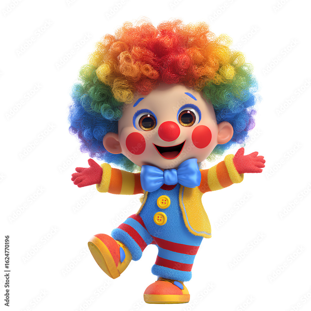 Obraz premium 3D Colorful Cartoon Clown Kid with Rainbow Hair, Happy Circus Character, Transparent Background