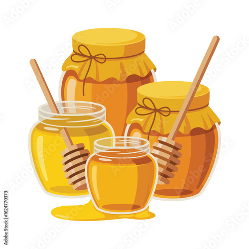 Four jars of golden honey with wooden dippers