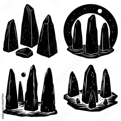 Four distinct stone formations in black and white with varying arrangements and celestial elements visible
