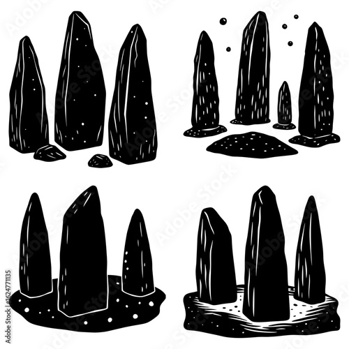 Illustration of four different stone arrangements in black and white with varying stone numbers and bases