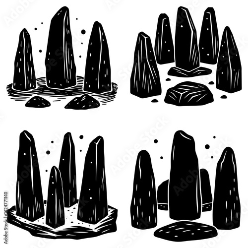 Four illustrations of standing stones in black and white with a woodcut style and small dots around them