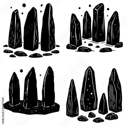 Illustration of four sets of standing stones with varying heights and textures in black and white style