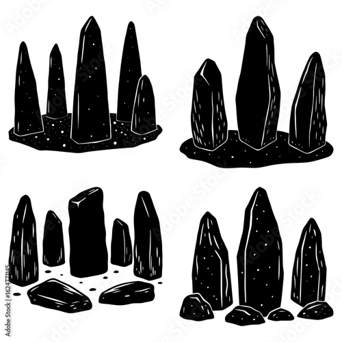 Four illustrations of stone formations in black and white with varying arrangements and sizes of stones