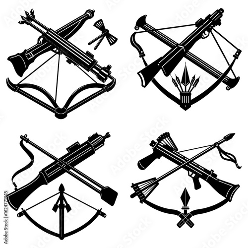 Illustration showcasing four distinct black and white crossbow weapon designs in a stylized composition