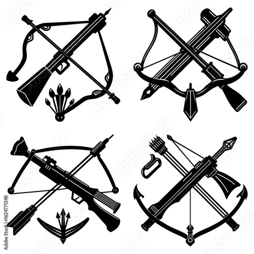 Collection of four different crossbow designs with arrows and unique bow shapes in black and white style