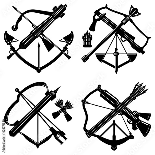 Collection of four crossbow designs with arrows and axes in black and white vector illustration