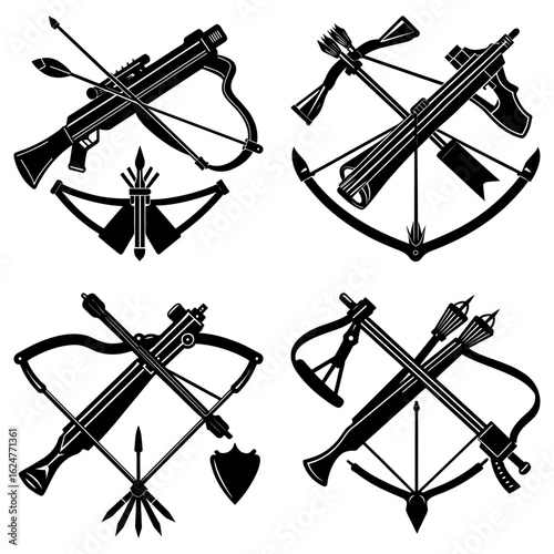 Collection of four crossbow designs featuring various arrow arrangements and bow styles in black and white