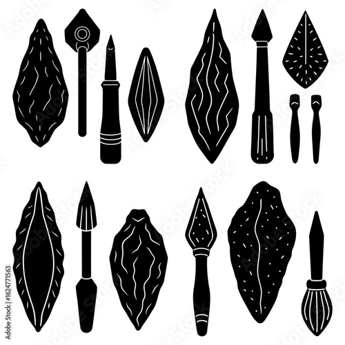 Collection of stylized black and white stone age tools and weapons in a seamless pattern design