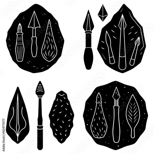 Illustration showing a collection of stone age tools and weapons in a black and white graphic style art