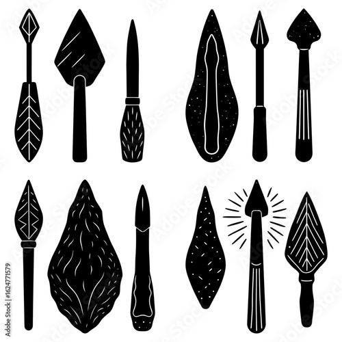 Illustration of various primitive tools and weapons including arrowheads and spear points in black