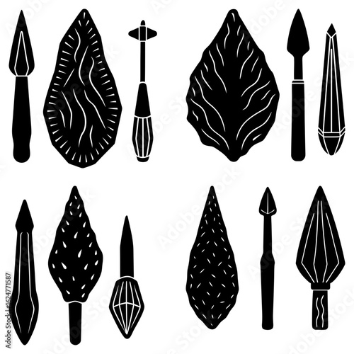 Illustration of prehistoric tools including spears hand axes and a mace in black and white style