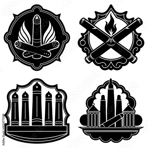 Collection of four black and white cigar emblems with decorative borders and various cigar arrangements