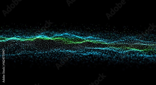 Abstract glowing wave of blue and green particles on a black background, representing data flow and energy