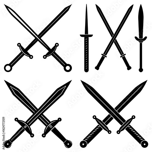 Collection of crossed swords and daggers in black and white showing various styles and designs of blades