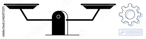 Traditional balance scale beside gear and search bar suggesting concepts thumbs up fairness, choice, analysis, optimization, judgment, technology, and balance. Ideal for decision systems, process