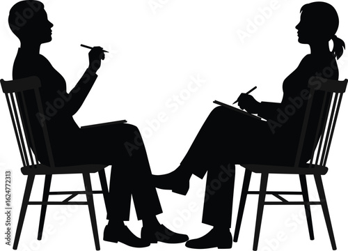 Therapy or counseling session silhouette, two people sitting in chairs discussing and taking notes, vector illustration for psychology.