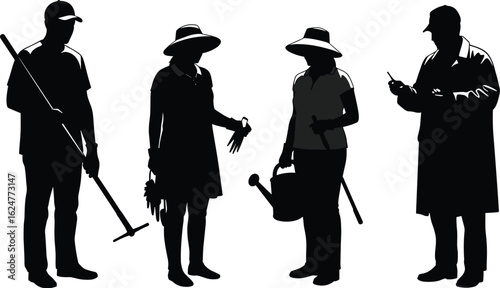 Silhouettes of gardeners and a field researcher or agricultural expert, with tools, ready to work, isolated vector illustration.