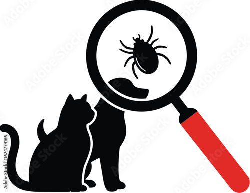  Flea and tick prevention for pets, silhouette of a cat and dog with a magnifying glass showing a parasite. vector illustration.