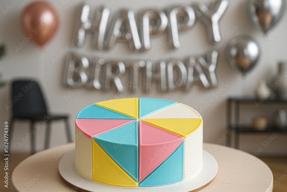 Fototapeta premium Colorful birthday cake with geometric design. Perfect treat for festive celebrations.