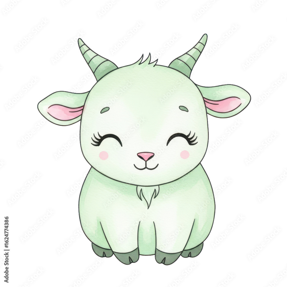 Naklejka premium Adorable baby goat with charming smile and cute horns, perfect for children's books and farm themes.