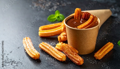 A delicious serving of golden-brown churros sprinkled with sugar, accompanied by a rich, hot chocolate dipping sauce.