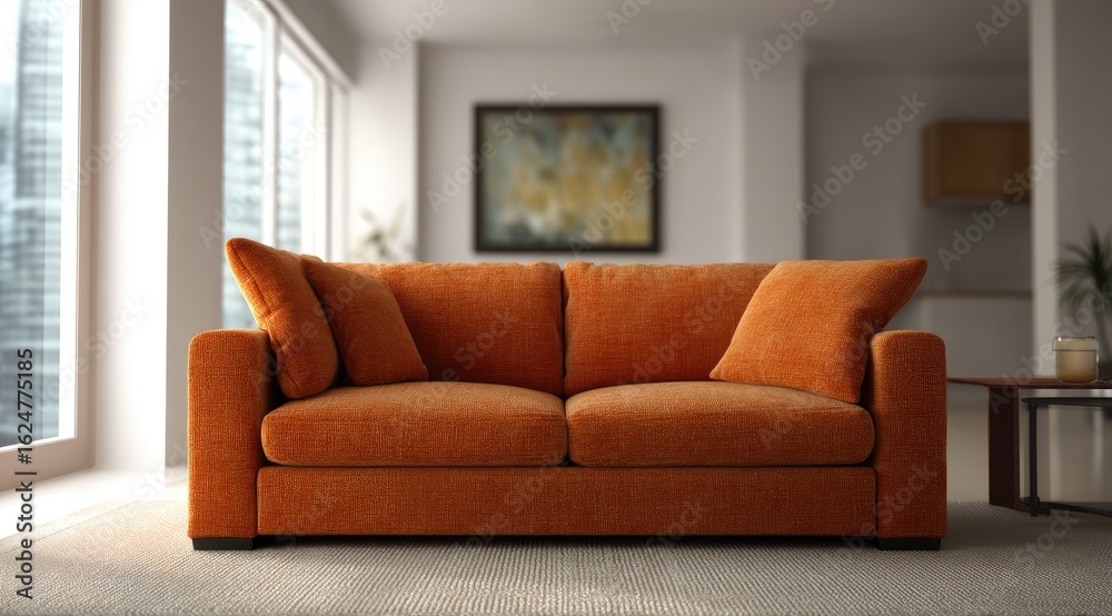Fototapeta premium Modern orange couch in a bright apartment