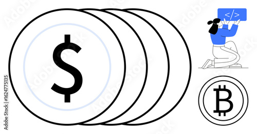 Large stacked dollar and bitcoin icons represent monetary concepts, while a programmer writes code, illustrating the intersection of finance and technology. Ideal for cryptocurrency, fintech