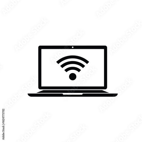 Vector illustration of a laptop displaying a wifi symbol representing wireless internet connectivity and access to online networks for communication