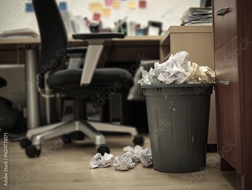 Cluttered office desk with overflowing trash
