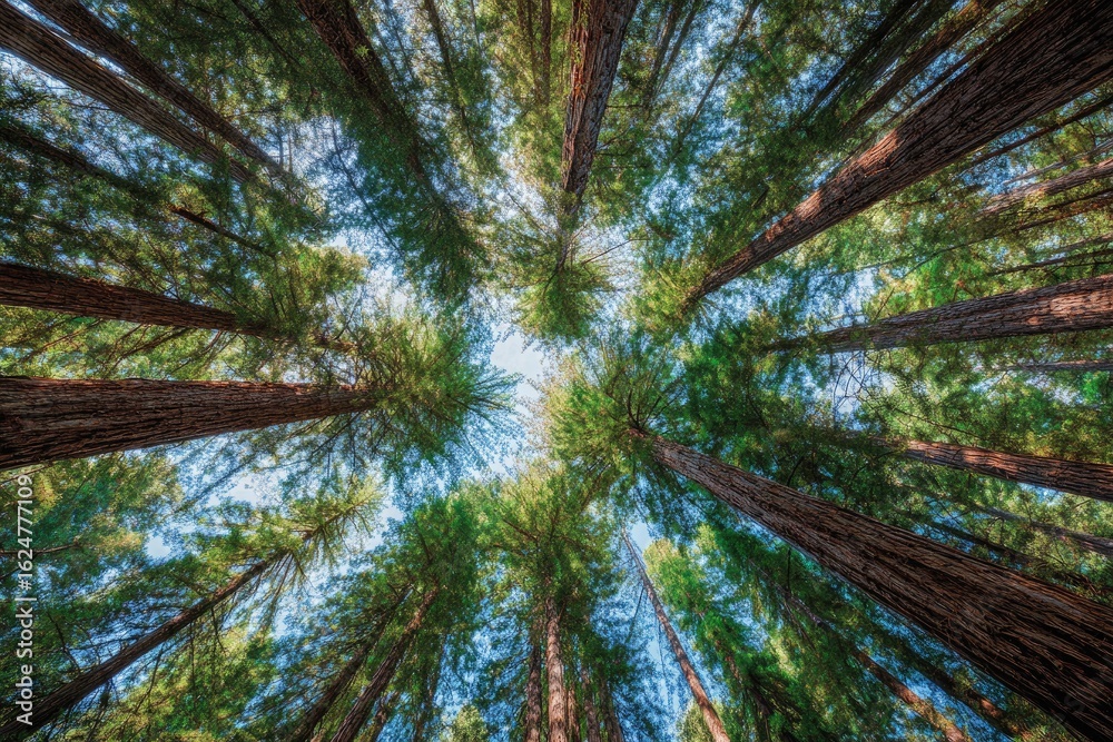 Obraz premium Looking up at tall trees in a dense forest
