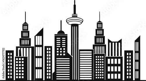 Black and White Silhouette of a City Skyline with Tall Buildings and a Central Tower