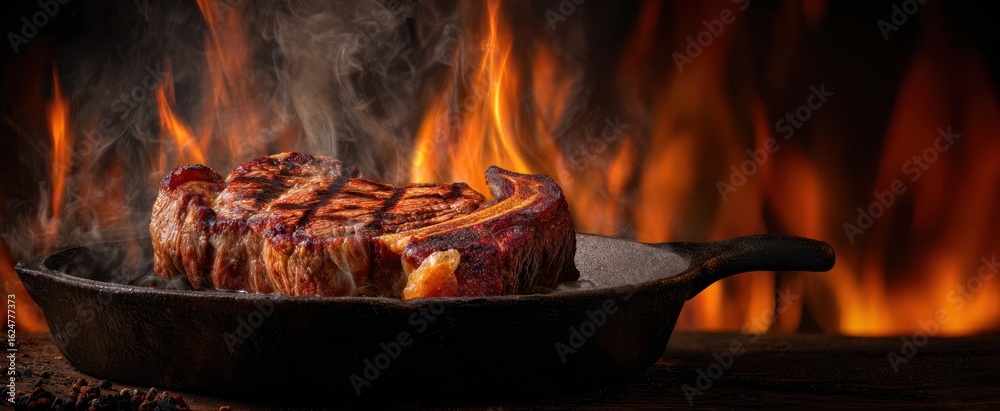 The sizzling steak seared to perfection over an open flame in a cast iron pan. The sizzling steak seared to perfection over an open flame in a cast iron pan.