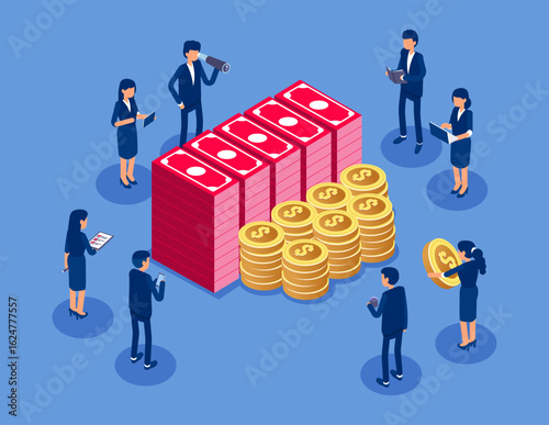 Financial statistics, accountant, bill calculation. Flat isometric vector concept