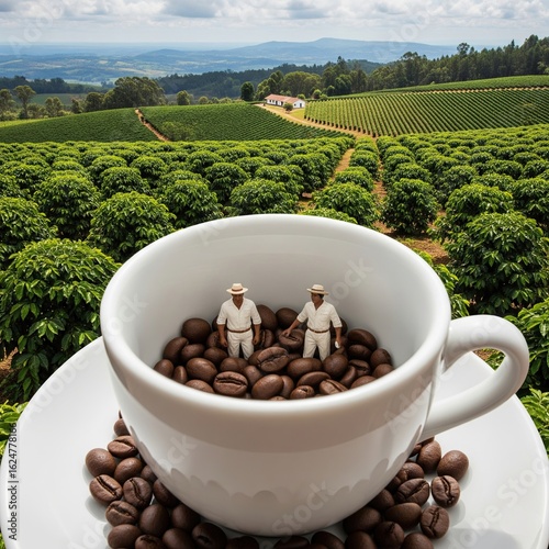 Image generated with AI. A white coffee cup, unusually large, is in the foreground, filled with roasted coffee beans. Inside the cup are two miniature figures of men, 