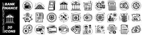 Bank and finance icons in monochrome style for digital design  
