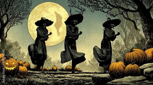 Halloween witches dance: three grotesque witches with hooked nose and prominent chin dance in full moonlight