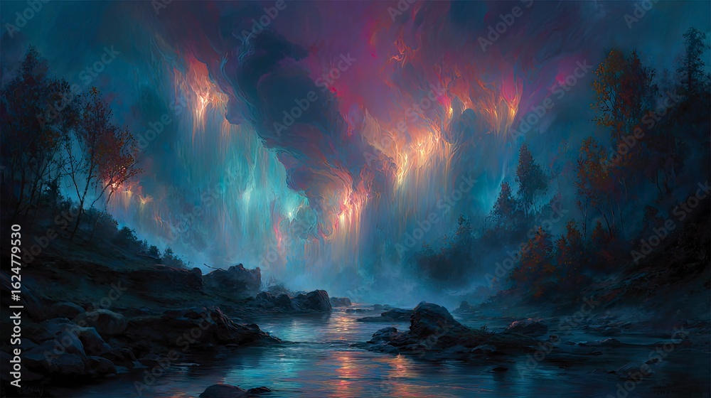 Naklejka premium Fantasy night landscape with glowing lights