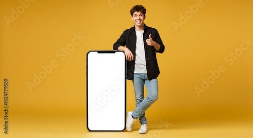 Excited Young Man Gives Thumbs Up, Leaning on Giant Smartphone Mockup