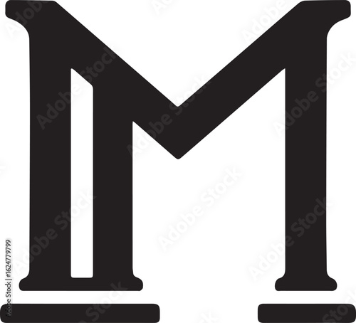 Black letter m monogram with pillar design isolated on white background